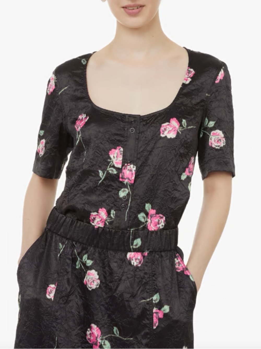Ganni Black Crinkle Satin Floral Print Button Front Short Sleeve Top Size 36 NWT